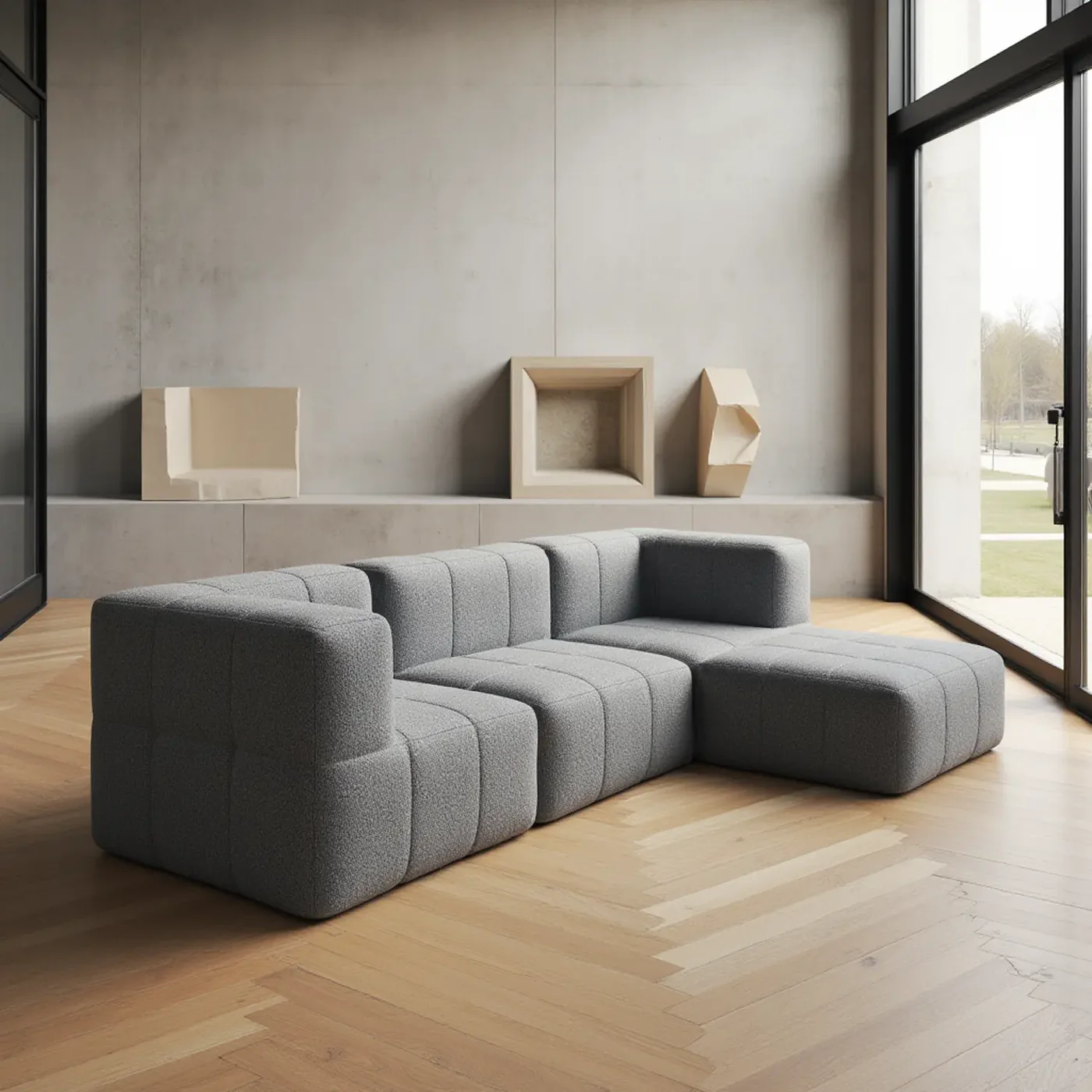 Sofá modular de 2 plazas en tejido Boucle - 1 reposabrazos - Gris
