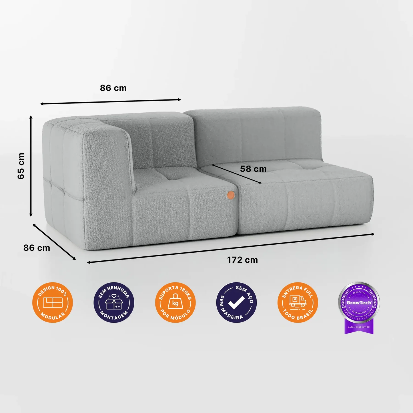 Sofá modular de 2 plazas en tejido Boucle - 1 reposabrazos - Gris