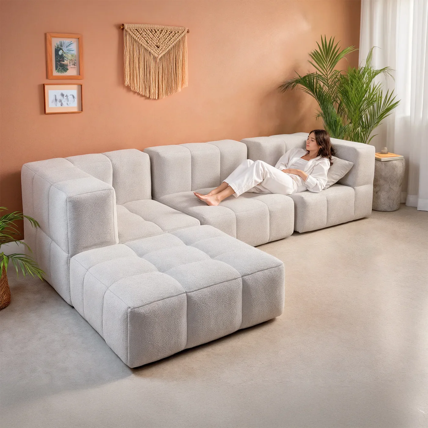Sofá modular de 2 plazas en tejido Boucle - 1 reposabrazos - Gris