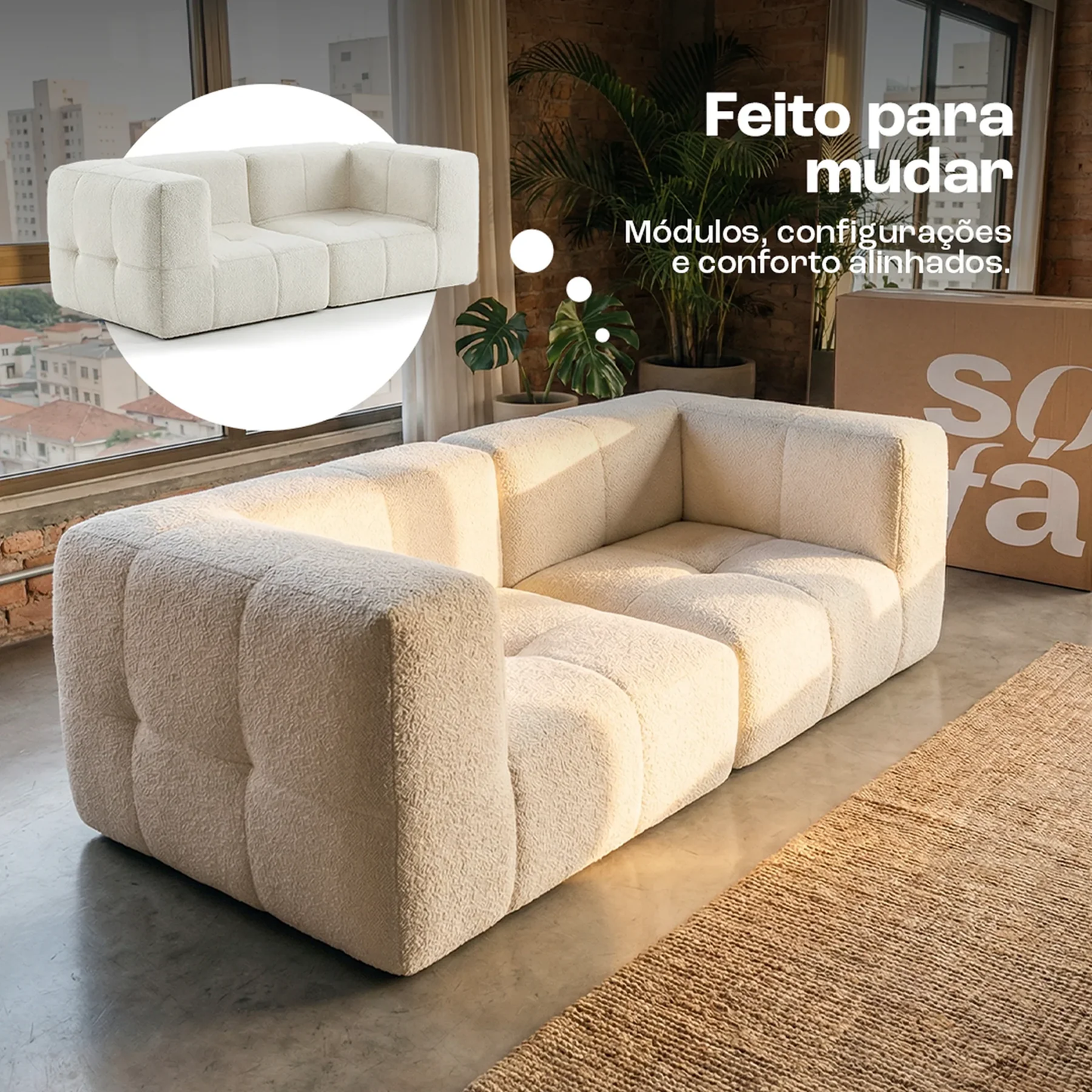 Sofá modular de 2 plazas en lino Boucle.